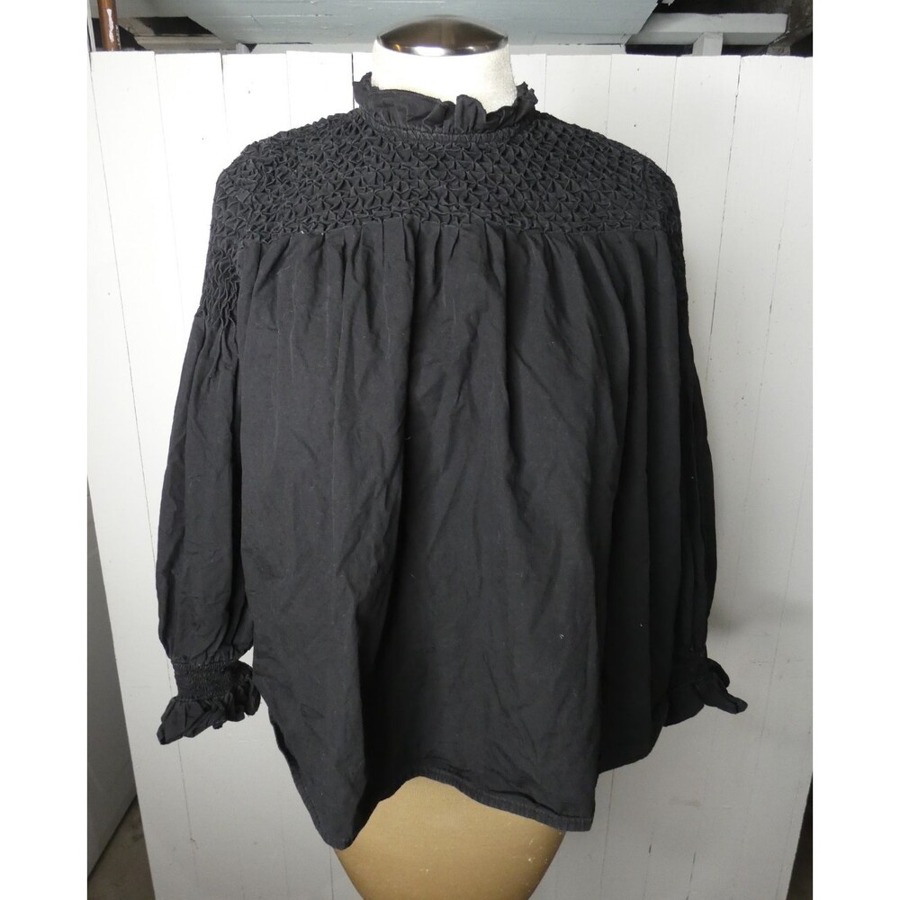 Maeve Anthro Women's US 0 Black Smocked High Neck Long Sleeve A-Line Top Cotton